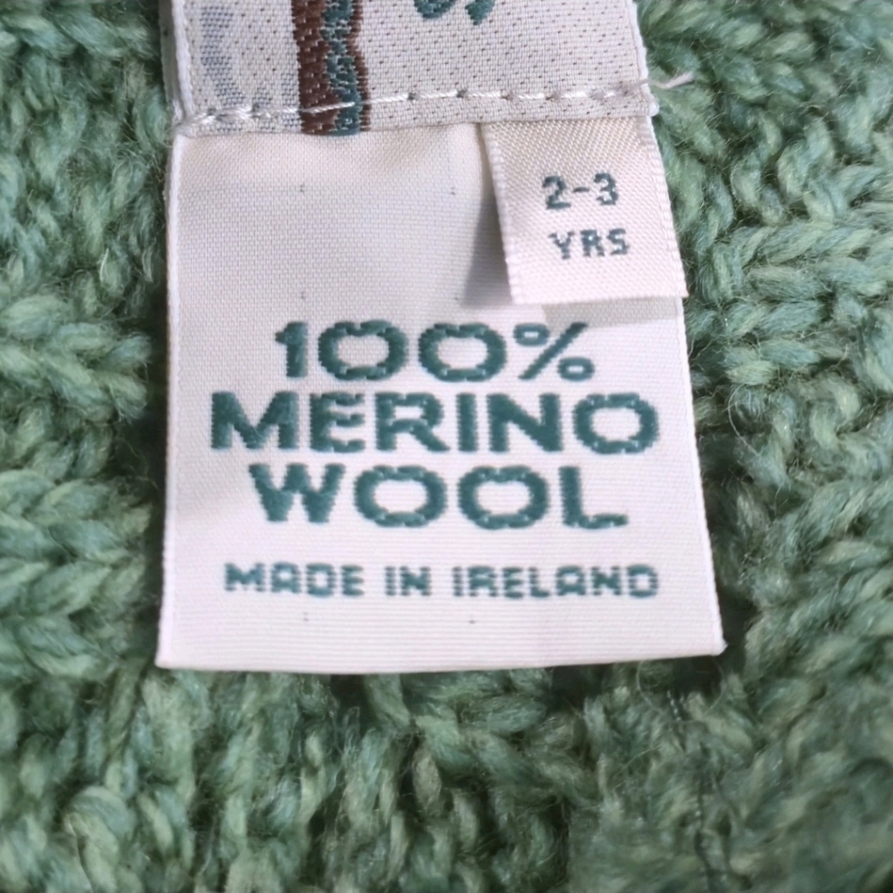Aran Crafts Sz 2-3Y Green Merino Wool Irish Fisherman Zip Hooded Vest - Picture 3 of 10